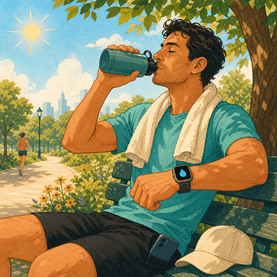 Person resting in shade, drinking water and checking a hydration reminder on Apple Watch during hot weather