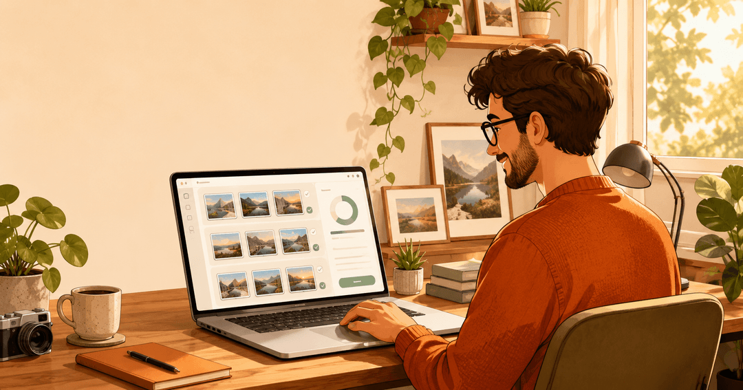 Person organizing duplicate photos on a Mac with Vision AI: Photo Cleaner