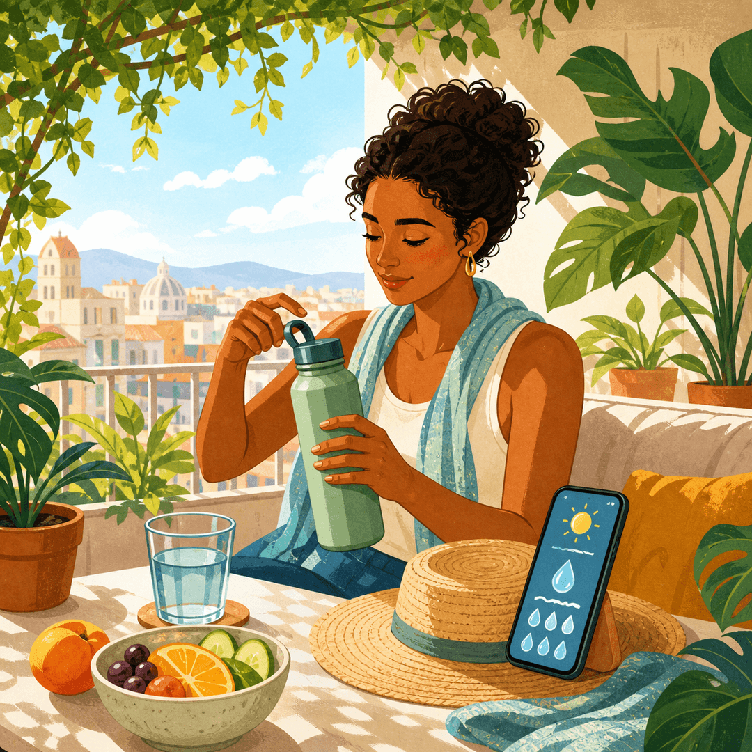 Personne se reposant à l'ombre avec de l'eau, des fruits et un rappel d'hydratation en fonction des conditions météorologiques lors d'une journée chaude