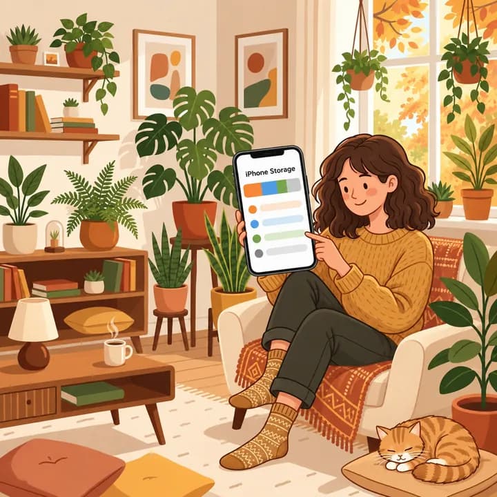Illustration av en person som kontrollerar skärmen iPhone-lagring med en färgad användningsstapel