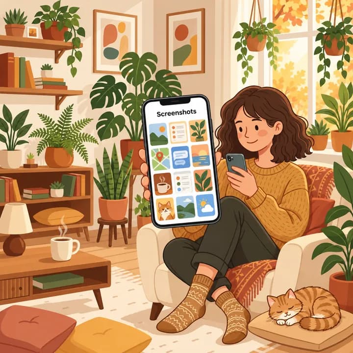 Illustration av en person i en soffa som tittar på albumet Skärmavbilder på en iPhone
