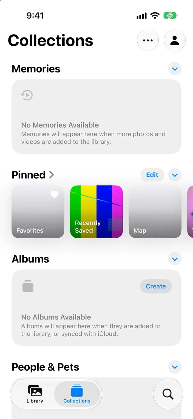 Bilder-samlingar med avsnittet Album och knappen Skapa på iPhone