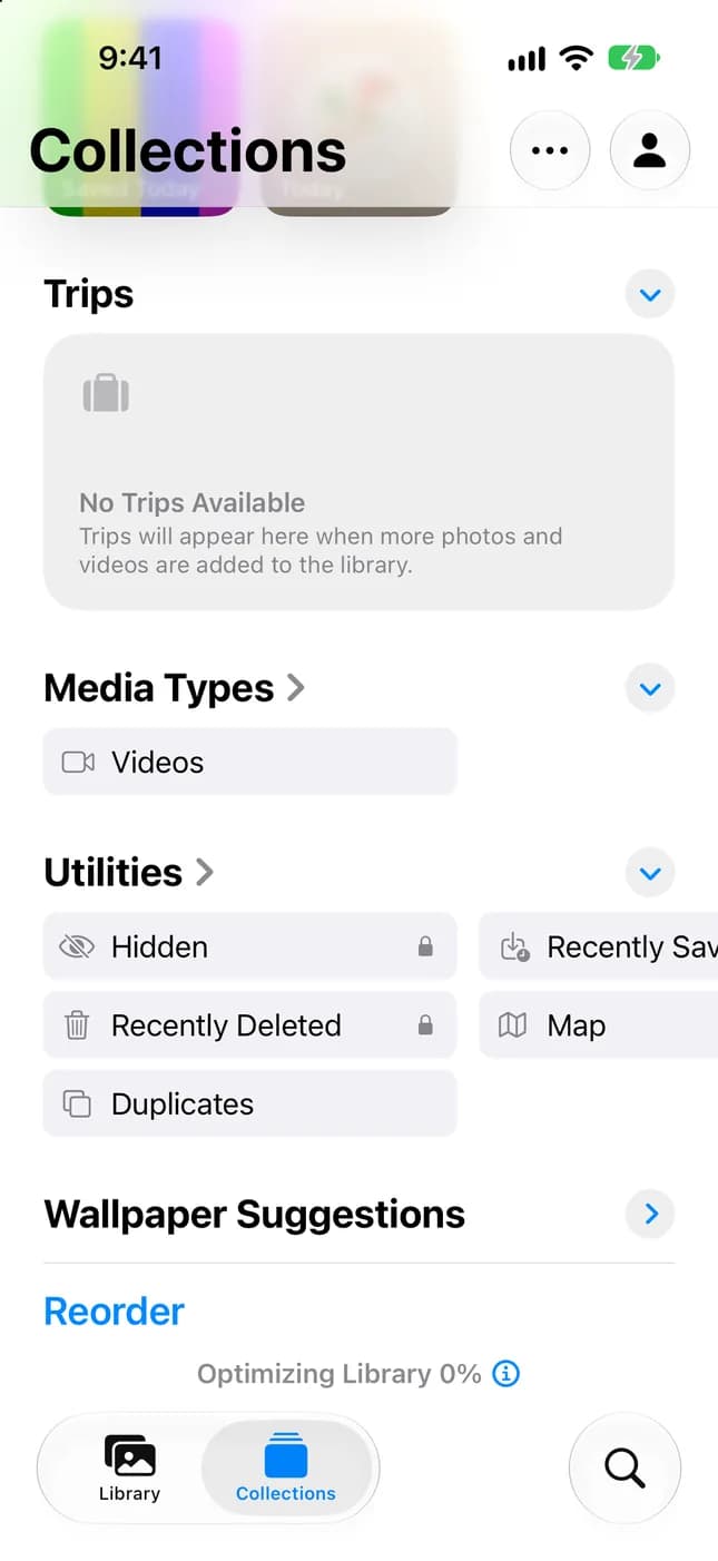 Avsnittet Andra i Bilder med Dubbletter och Senast raderade på iPhone
