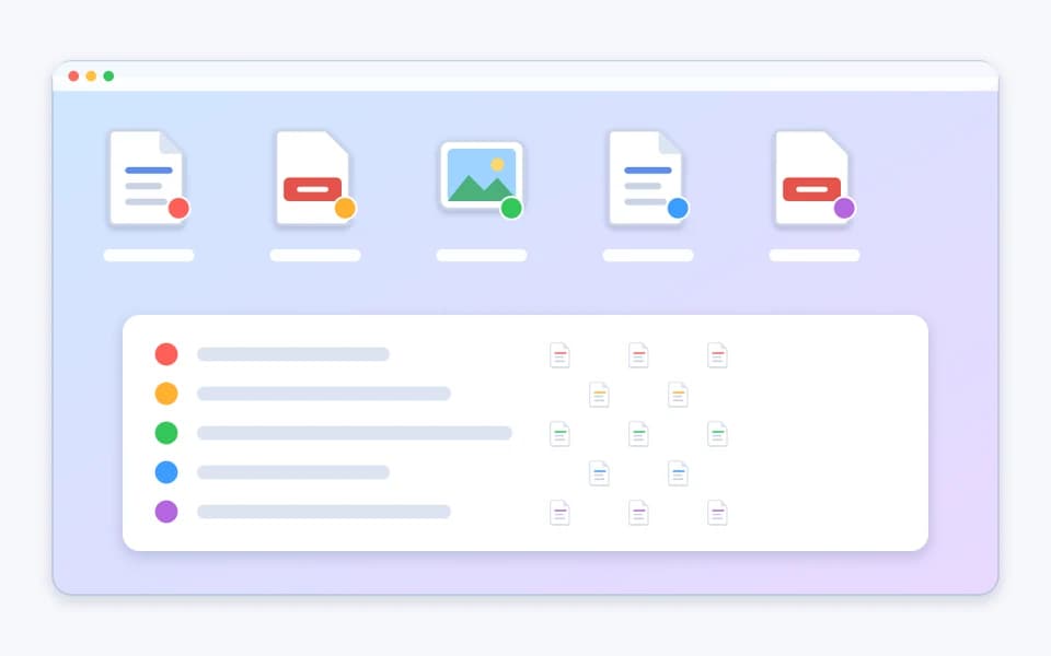 Illustration of files with colored tag dots above a list of color tags