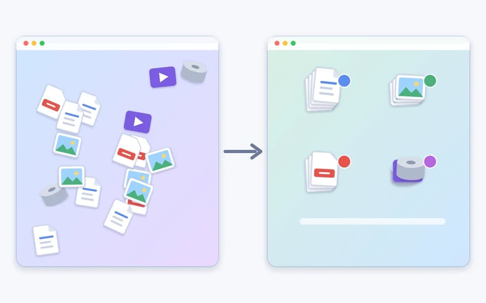 Illustration of scattered desktop files being grouped into four stacks
