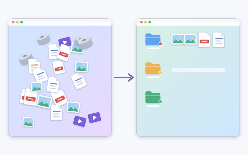 Illustration of a cluttered Mac desktop next to a tidy desktop with a few folders and files