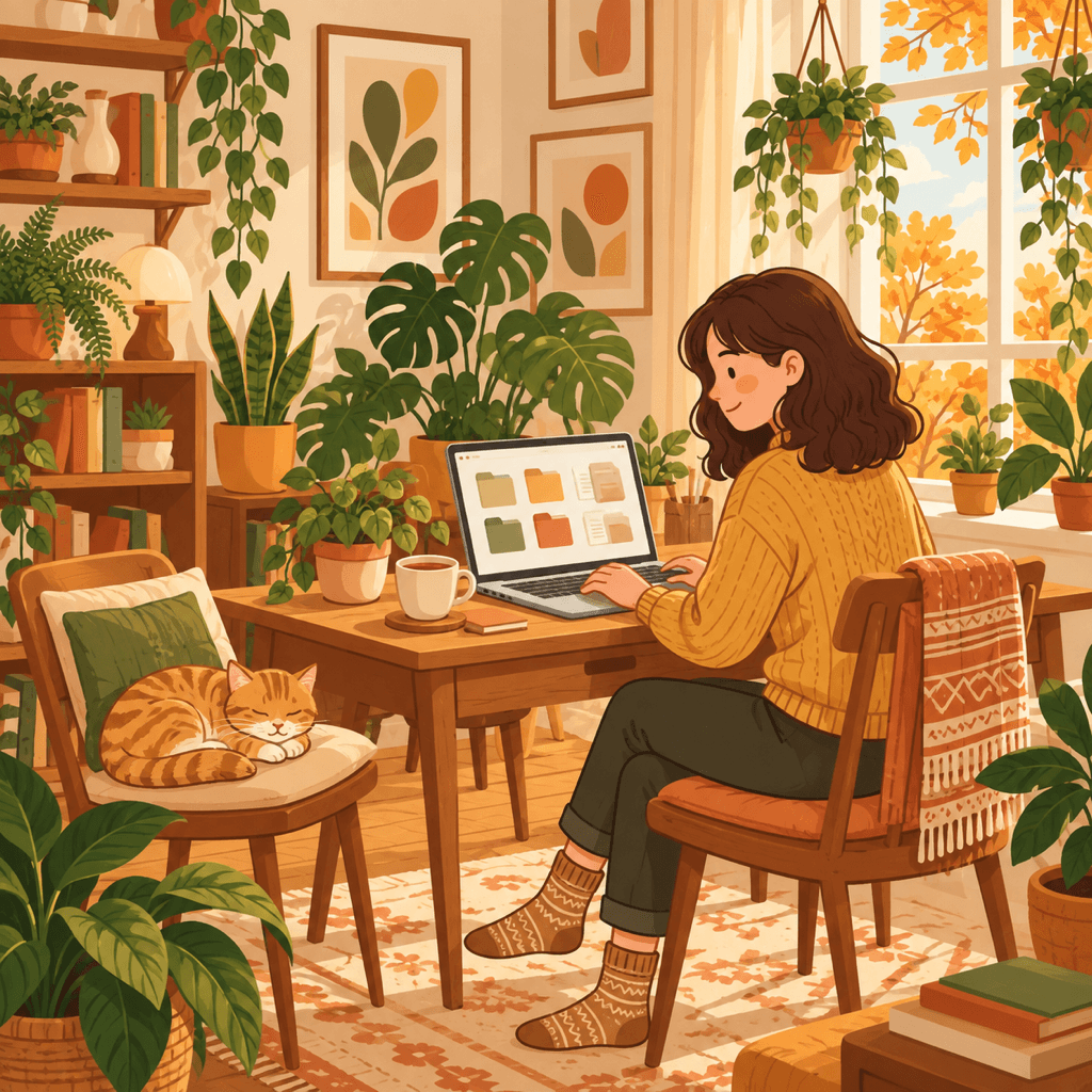 Person at a tidy Mac desk in a cozy room with organized folders on the screen
