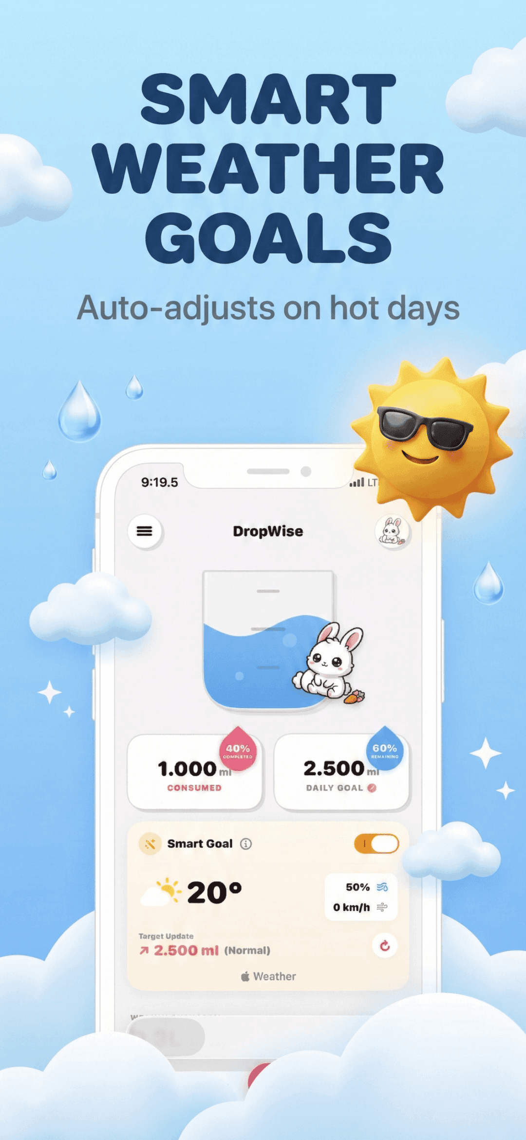 DropWise beverage selection menu with various drink types