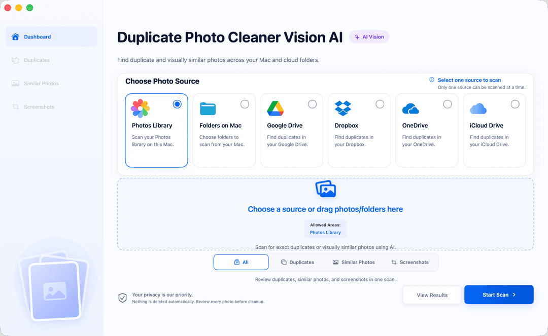 Duplicate Photo Cleaner Vision AI dashboard