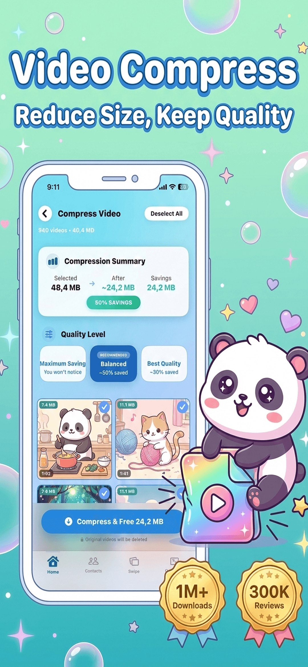 iCleaner Panda main dashboard showing total space freed