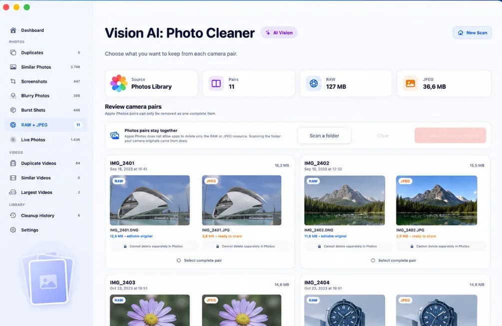 Vision AI: Photo Cleaner: RAW and JPEG pairs, side by side