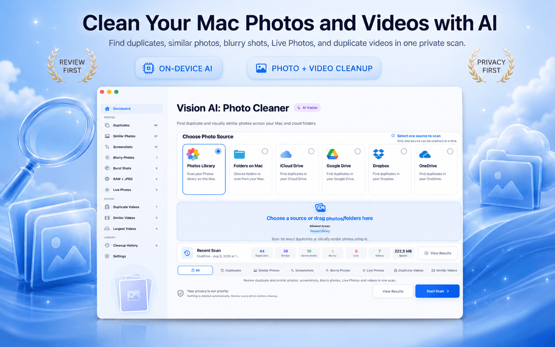 Vision AI: Photo Cleaner scanning a Mac for duplicate photos and videos