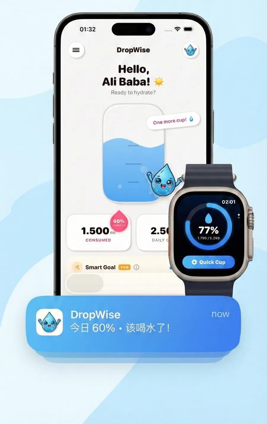 Water Reminder - DropWise, iPhone and Apple Watch