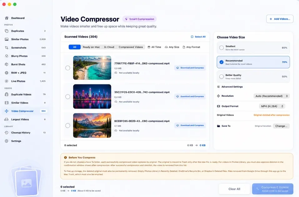 Vision AI - Photo Cleaner: Videokomprimierung für große Clips